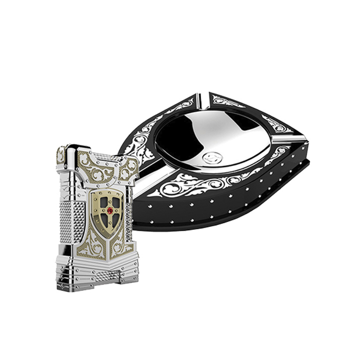 Подарочный набор Prestige: зажигалка и пепельница White Knight 16173 Цвет Многоцветный Золото, палладиевое покрытие, яшма и рубин | S.T. Dupont