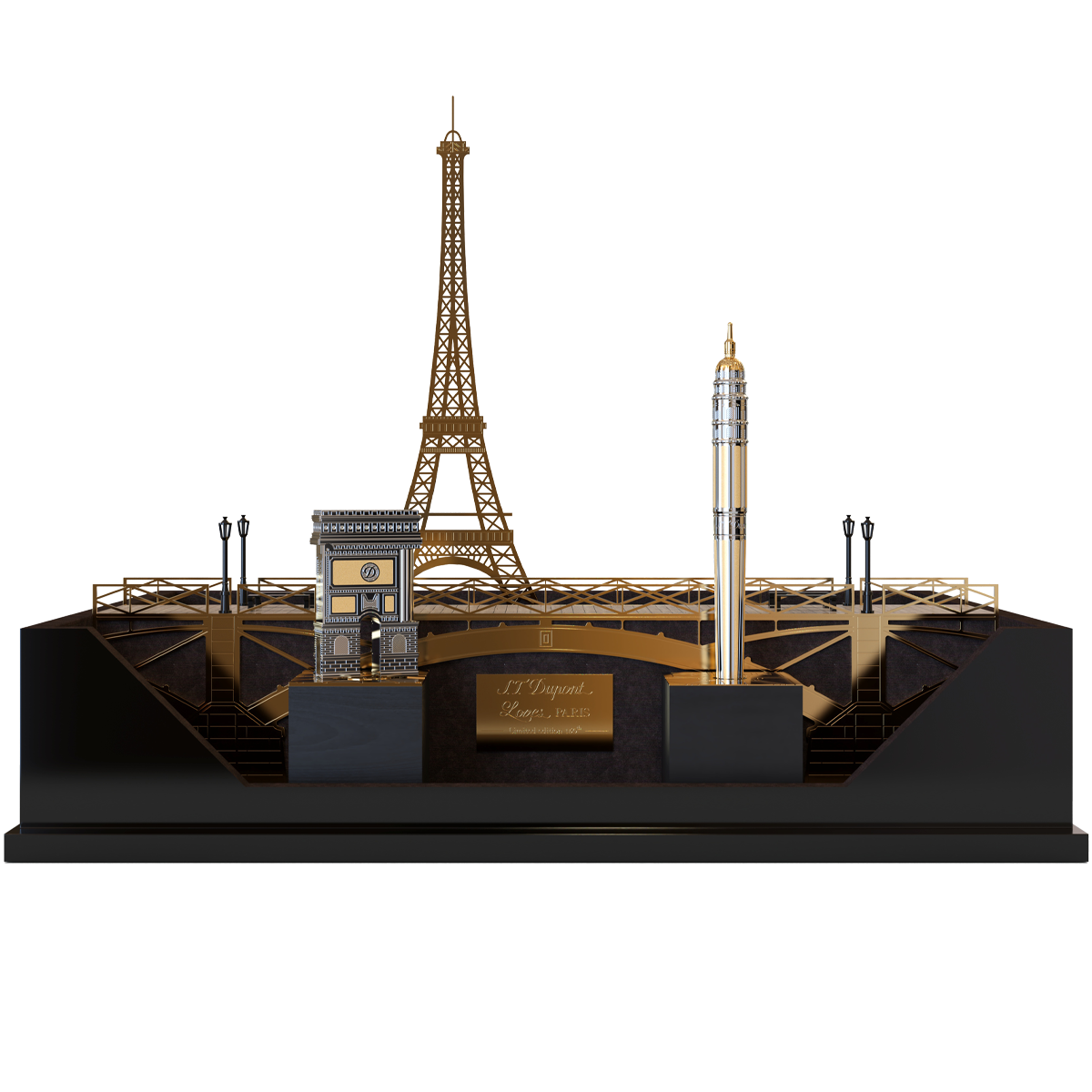 Набор: ручка (перьевая/роллер) и зажигалка на подставке S.T. Dupont Loves Paris C2STDLOVESPARIS Цвет Золотистый Палладий и натуральный лак | S.T. Dupont